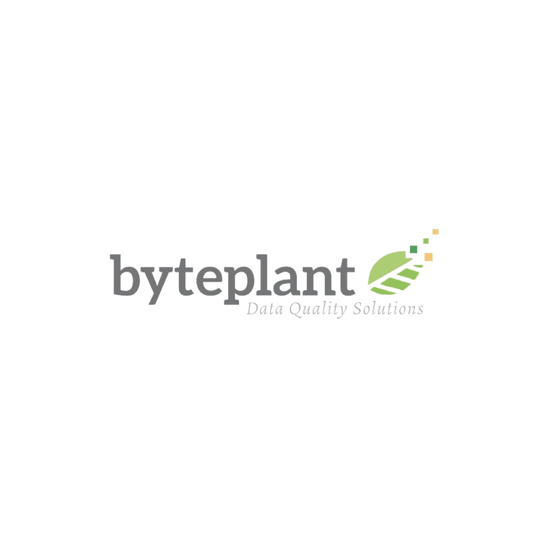 Das Byteplant-Logo: Ein Schriftzug mit einem Blatt, das sich in kleine Quadrate auflöst.